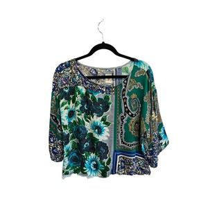 Anthropologie TINY Womens Top Green Blue ELLERY Floral Patchwork Blouse Rayon XS